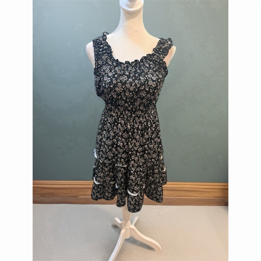 Knit Works Girls Dress Size S 7/8 Black White Floral Ruffle Sundress